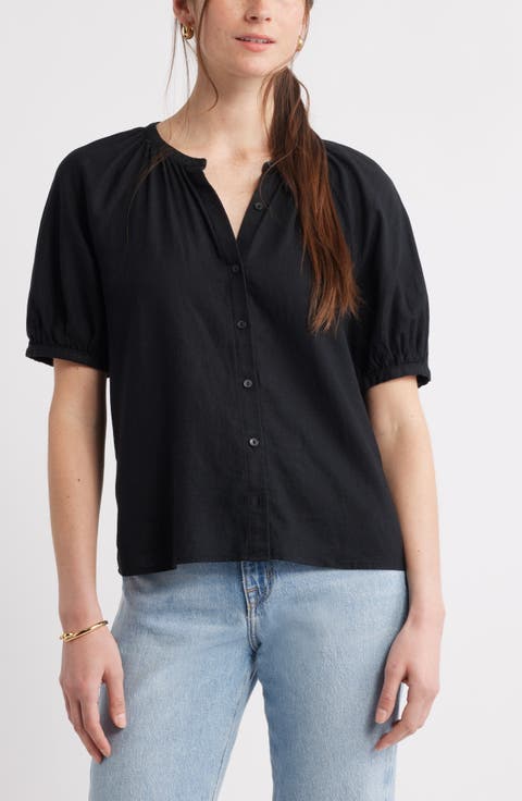 Puff Sleeve Linen Blend Button-Up Shirt