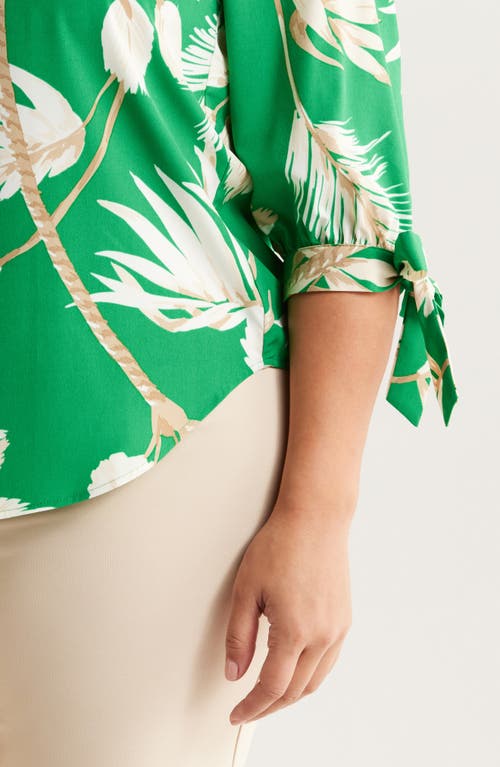 Anne Klein Palm Print Tie Cuff Crepe Top In Tropical Green Multi