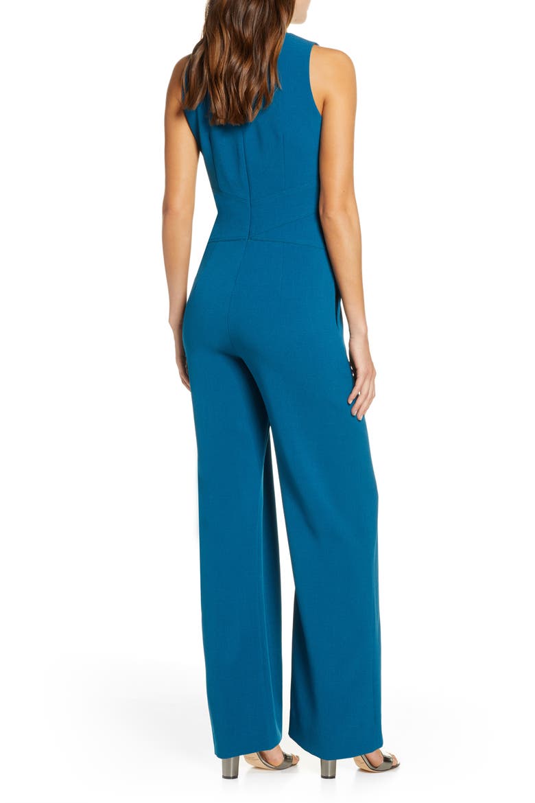 Crisscross Waist Crepe Jumpsuit, Alternate, color, TEAL