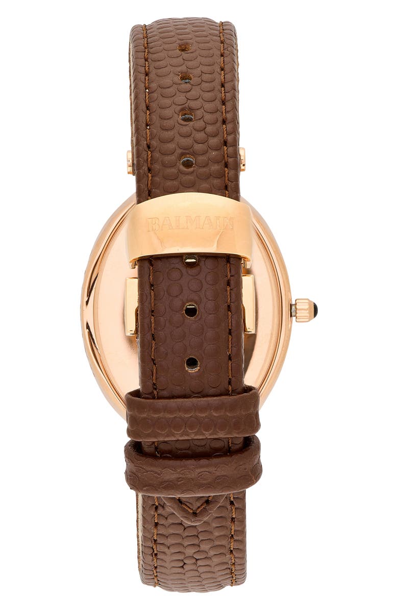 Balmain Haute Elegance Oval Leather Strap Watch, 26mm x 32mm, Alternate, color, Yellow Gold Brown