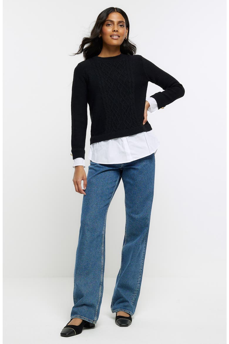 Layered Look Cable Knit Sweater, Alternate, color, BLACK