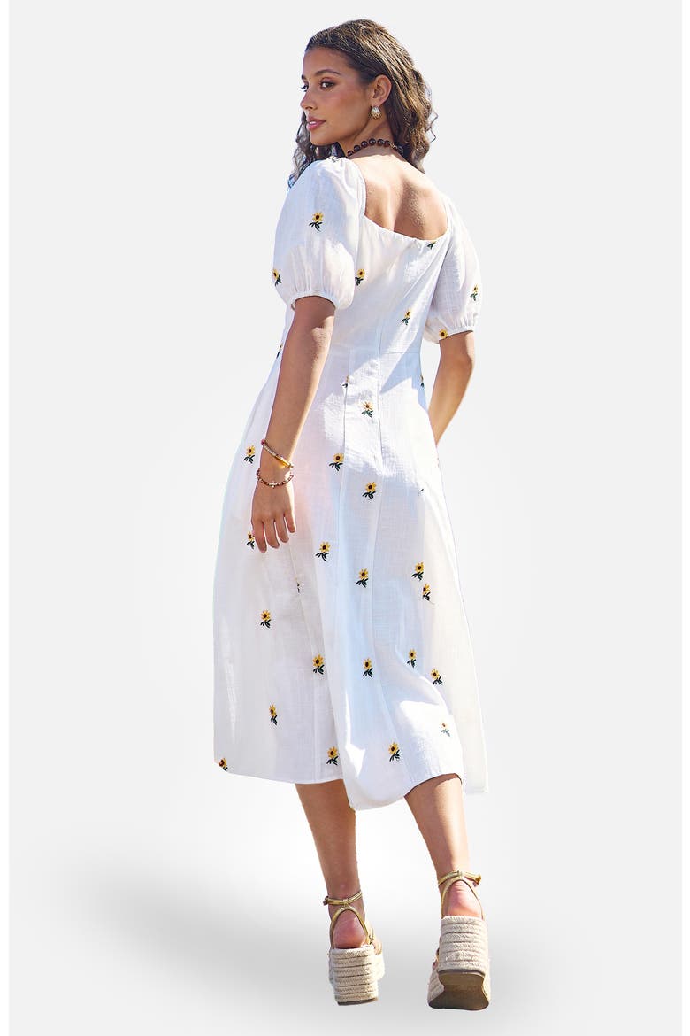 Cotton Sunflower Embroidered Midi Dress, Alternate, color, White