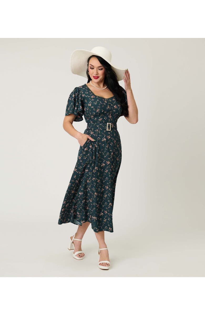 Unique Vintage Short Puff Sleeve Sweetheart Neck Godet Midi Dress, Alternate, color, Teal Floral Print