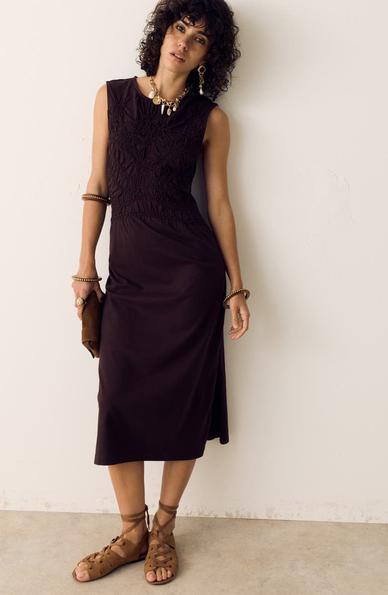 PER UNA BY M&S Embroidered Detail Cotton Jersey Dress, Alternate, color, Dark Mole Brown