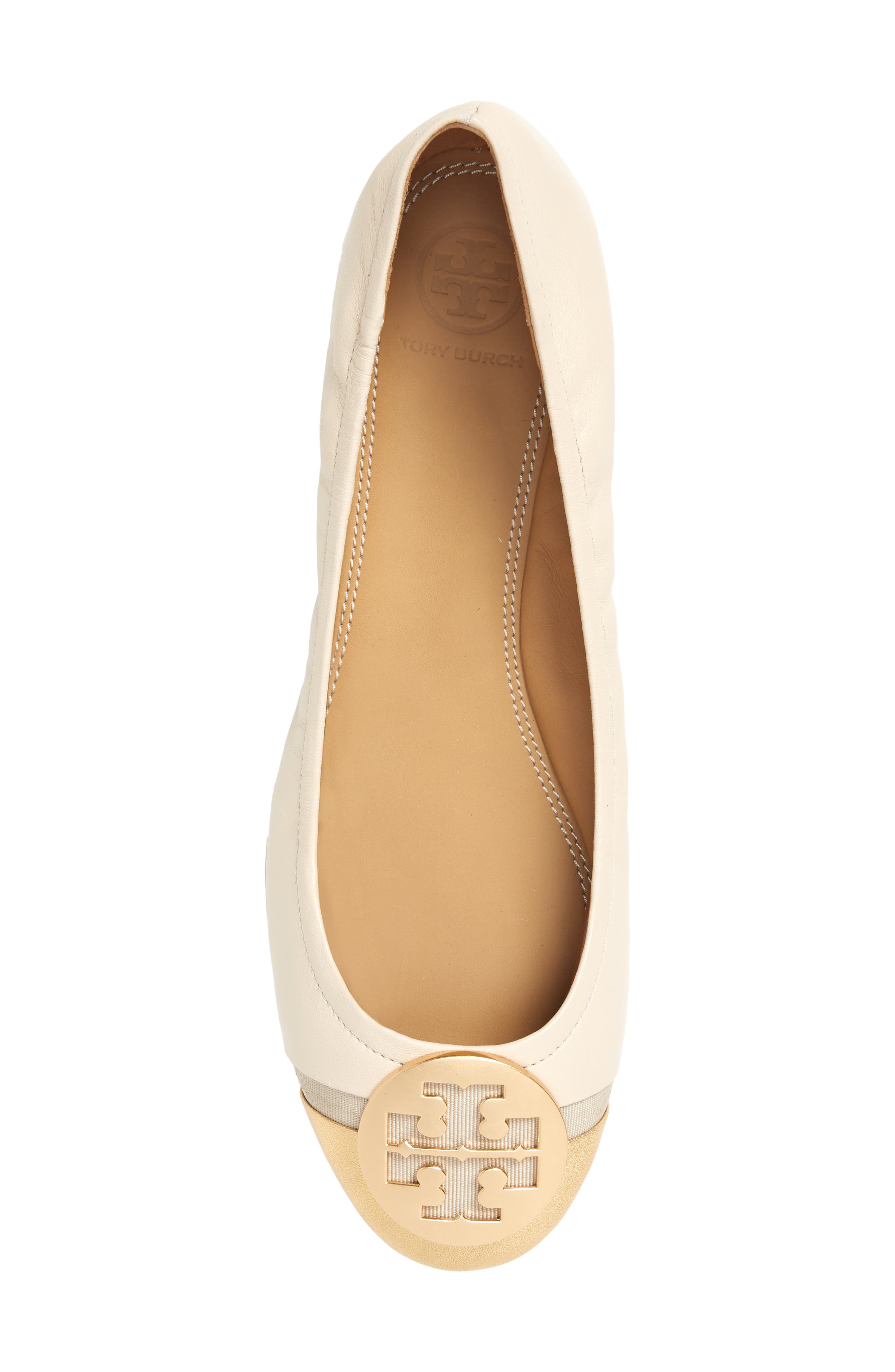 Tory Burch Minnie Logo Medallion Cap Toe Ballet Flat, Alternate, color, Dulce De Leche / Gold