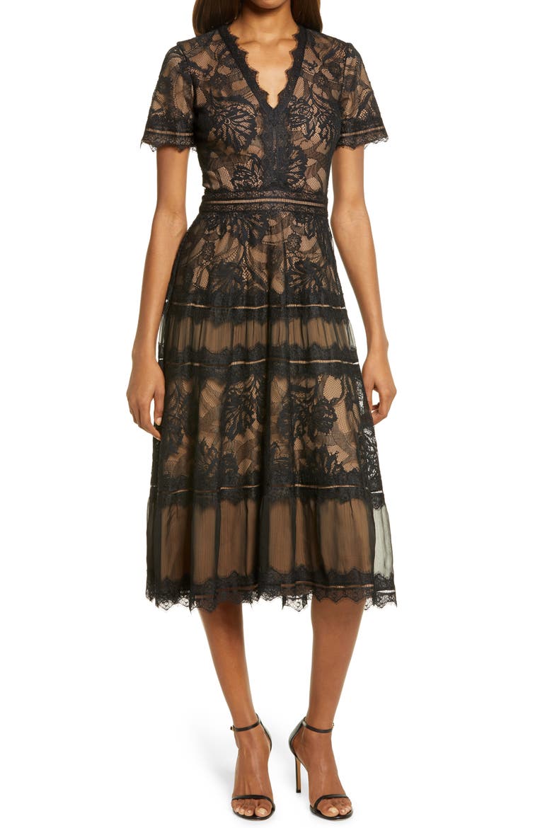 Lace & Mesh Midi Cocktail Dress, Main, color, BLACK/ NUDE