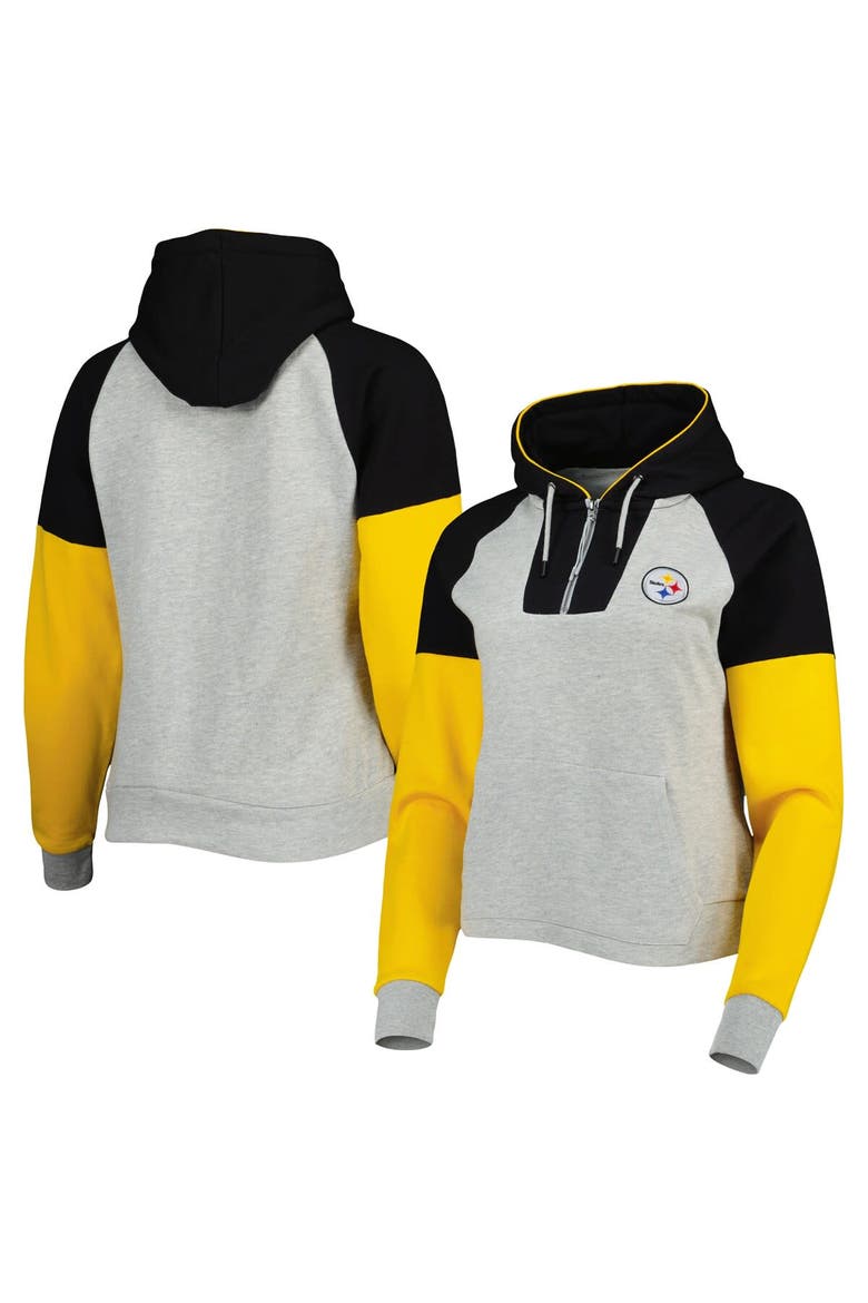 Women's Antigua  Heather Gray Pittsburgh Steelers Lightweight Jackpot Raglan Half-Zip Pullover Hoodie, Main, color, Heather Gray