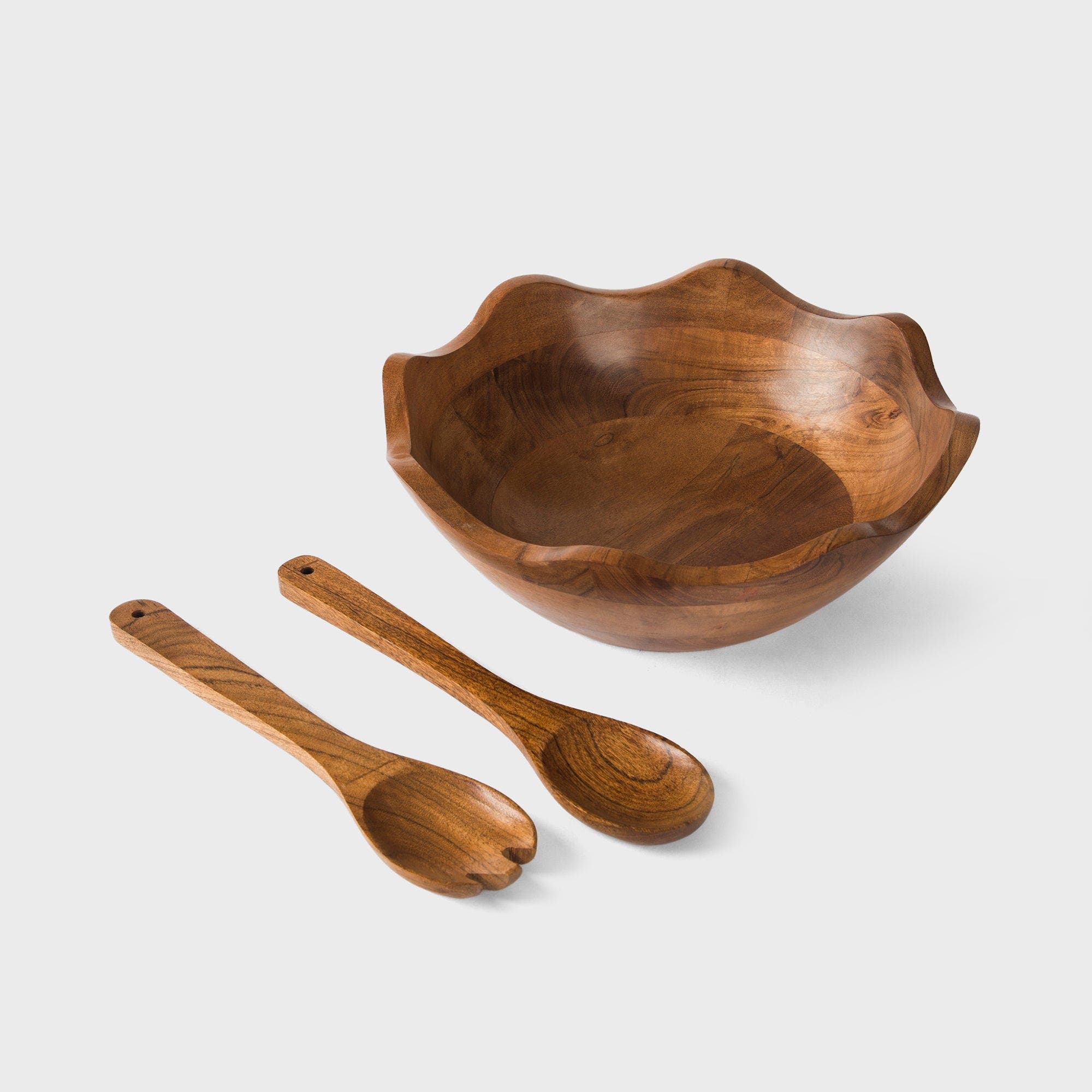 Mela Artisans Acacia Wood Large Scalloped Bowl with Servers - Brown