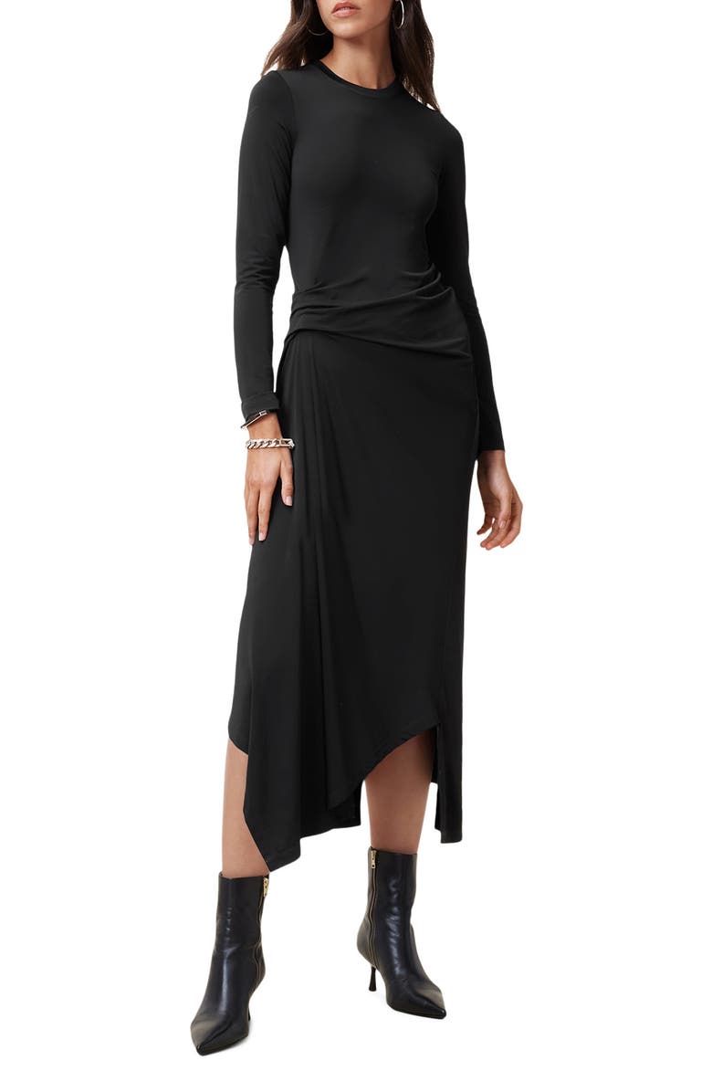 AllSaints Rivi Long Sleeve Asymmetric Dress, Main, color, Black