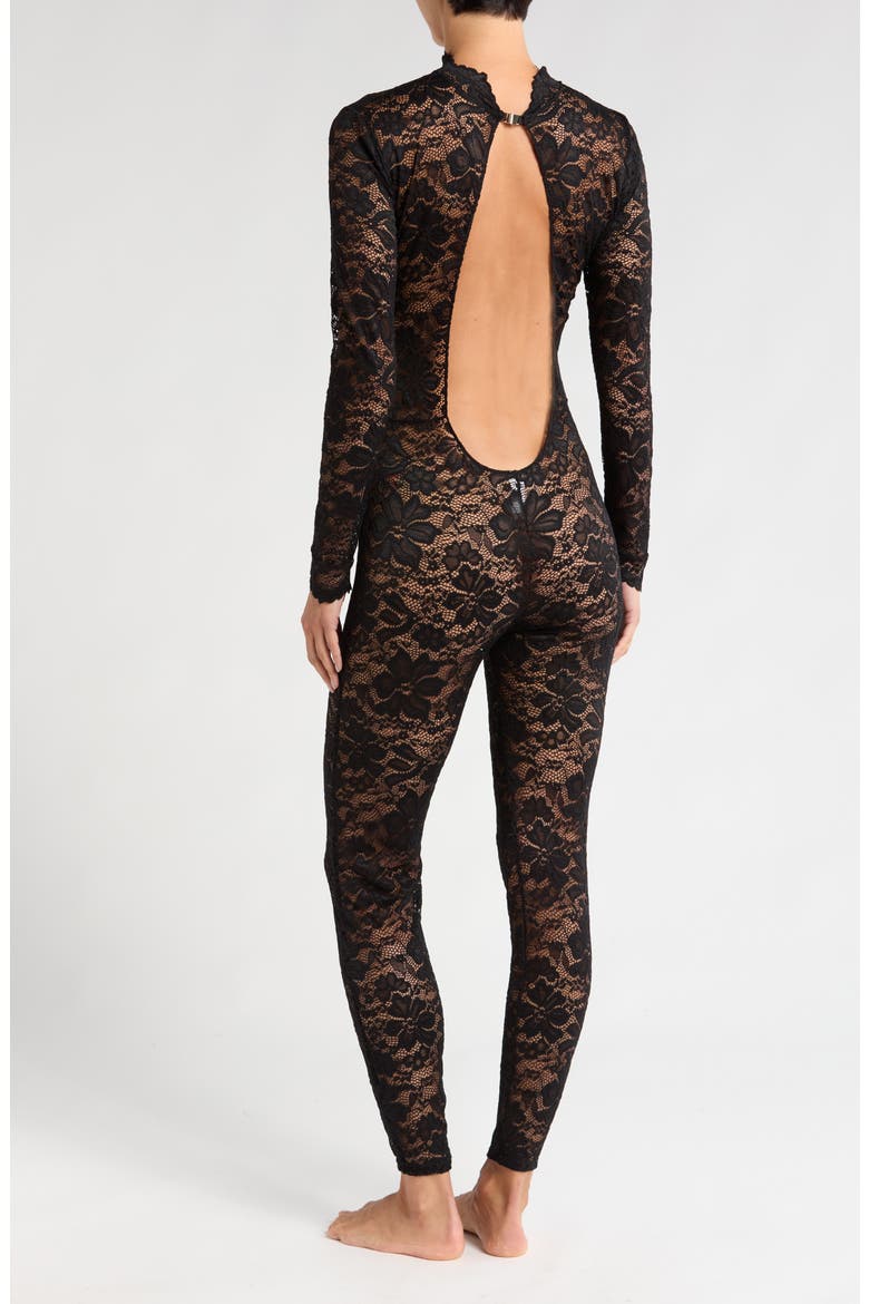 Long Sleeve Floral Lace Catsuit, Alternate, color, BLACK