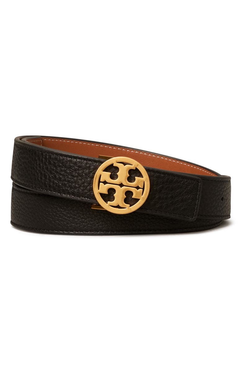 Tory Burch Miller 1-Inch Reversible Logo Belt, Main, color, Black / Classic Cuoio / Gold