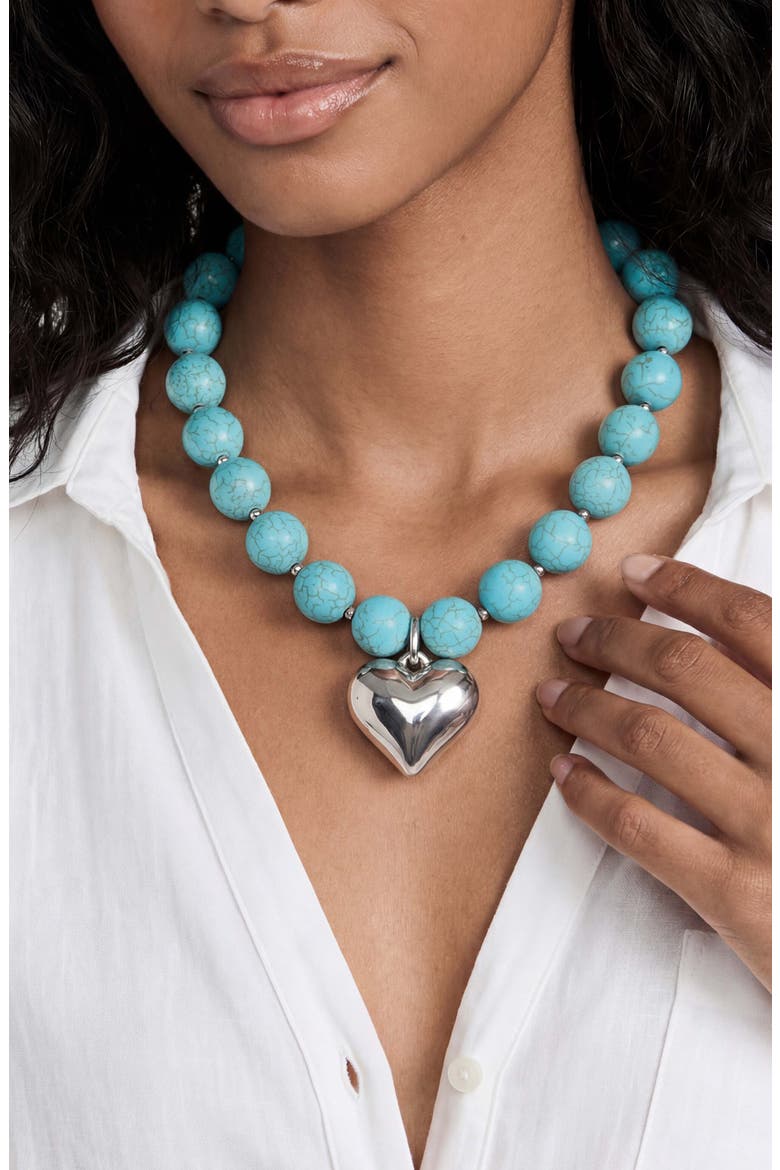 Luck & Love Stone Puffy Heart Pendant Necklace, Alternate, color, TURQUOISE AND SILVER