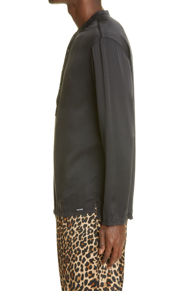 Henley Stretch Silk Pajama Shirt, Alternate, color, BLACK