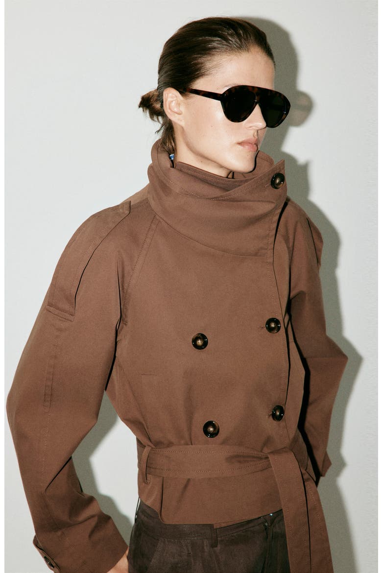 Double Breasted Crop Cotton Blend Trench Coat, Alternate, color, BROWN