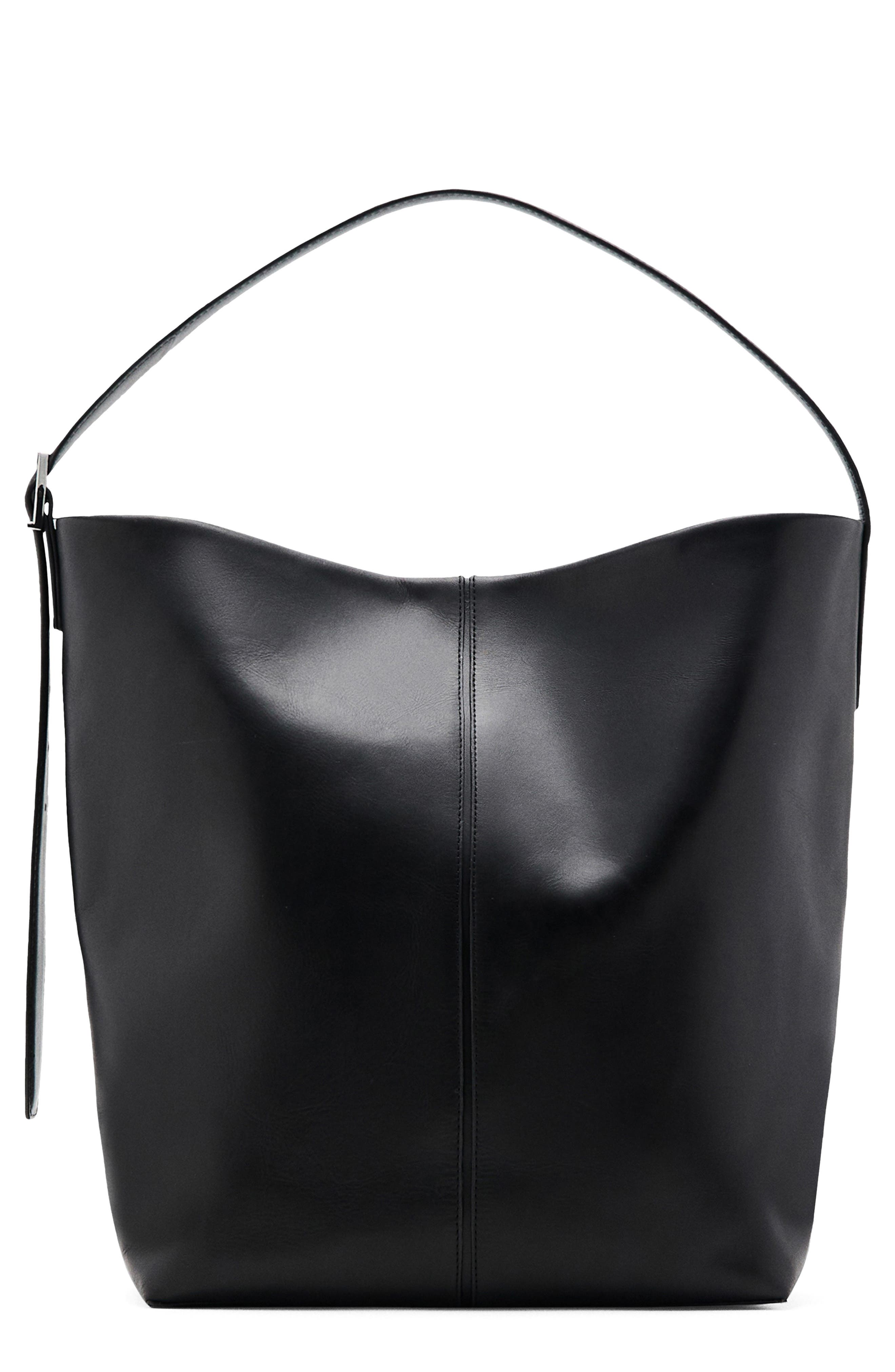 MANGO Large Leather Bucket Tote, Main, color, Black