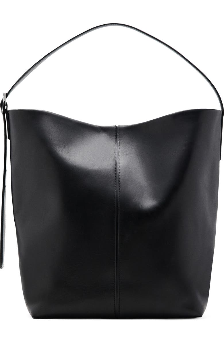 MANGO Large Leather Bucket Tote, Main, color, Black