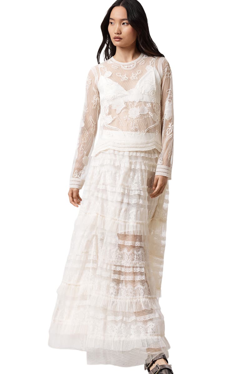 AllSaints Arlea Embroidered Sheer Mesh Top, Alternate, color, Vintage White