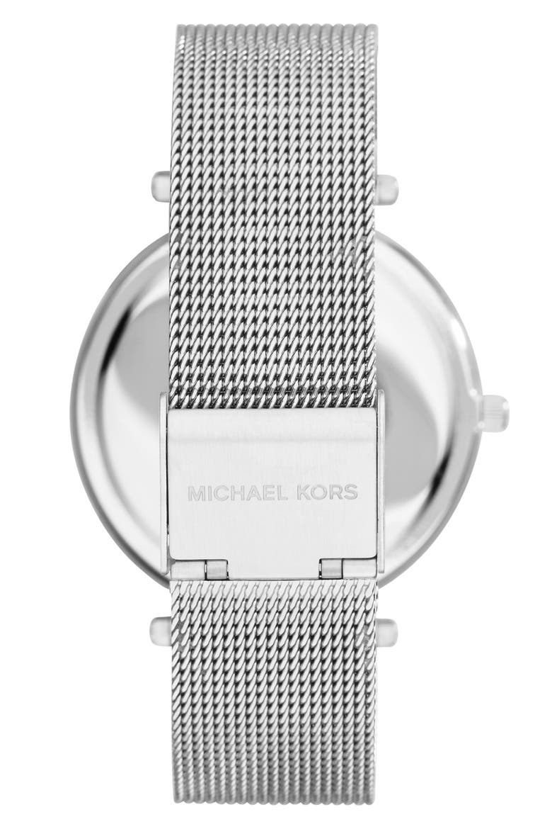 'Darci' Crystal Bezel Mesh Strap Watch, 39mm, Alternate, color, SILVER