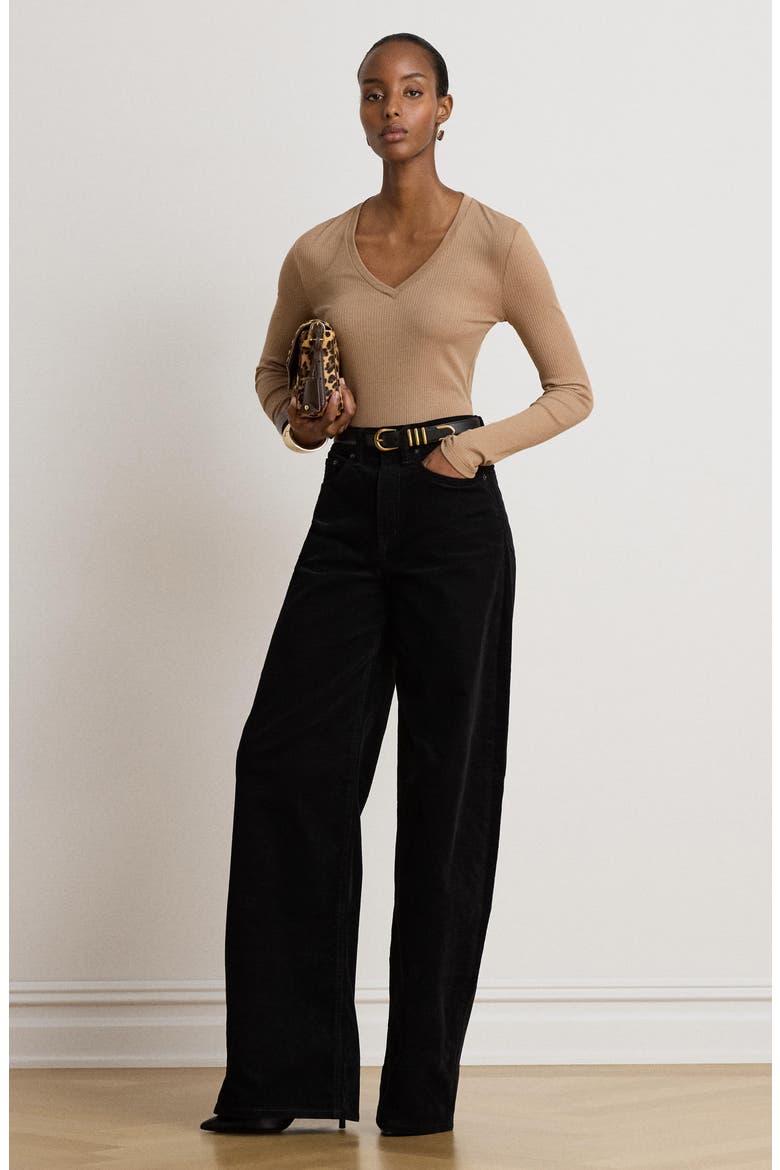 Rib Long Sleeve V-Neck Top, Alternate, color, CAMEL BEIGE