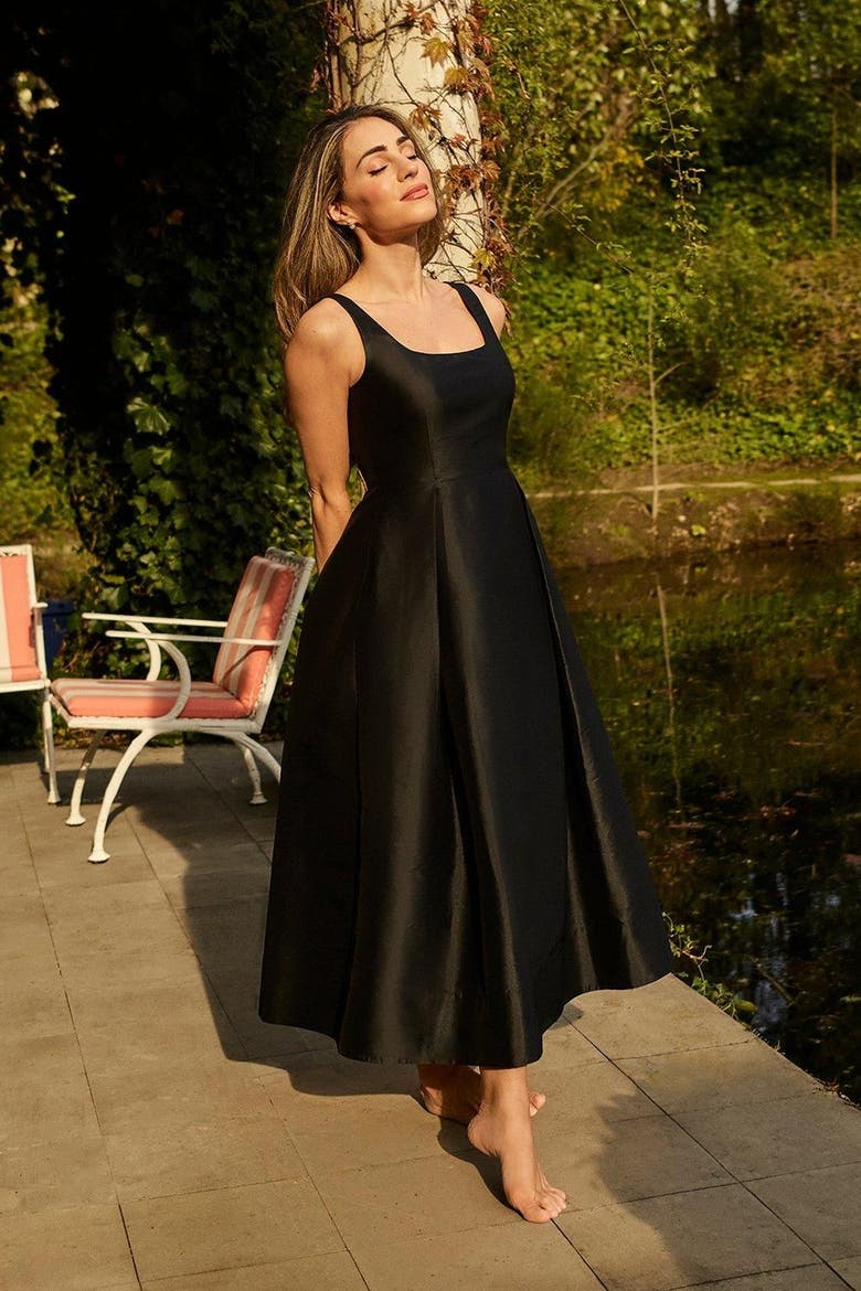 Taffeta Full Skirt Tailored Midi Dress, Alternate, color, Black