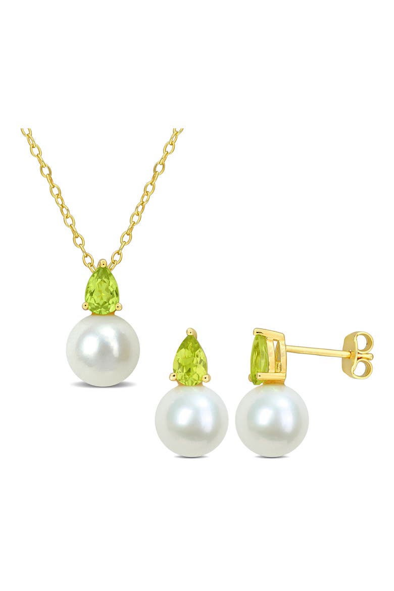 Peridot & Freshwater Pearl Stud Earrings & Pendant Necklace Set, Main, color, GREEN