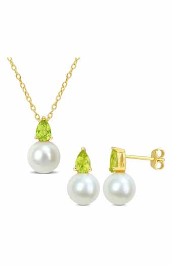DELMAR Peridot & Freshwater Pearl Stud Earrings & Pendant Necklace Set