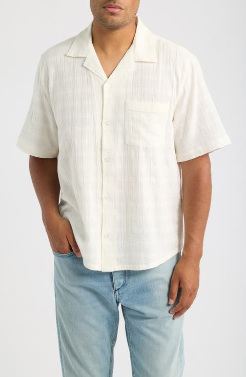 Washed Dobby Check Cotton Seersucker Camp Shirt