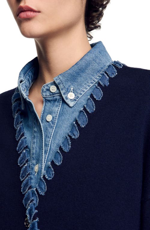 Shop Sandro Cardigan With Denim Details In Navy Blue