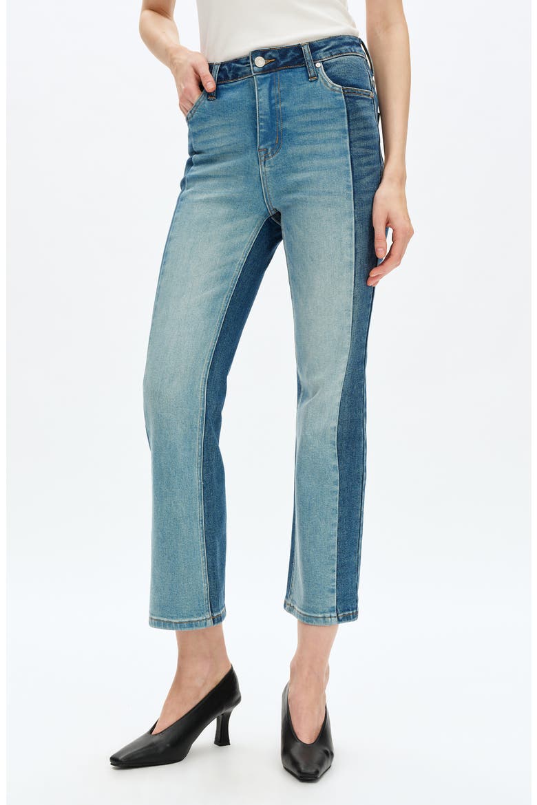 Two-Tone High Waist Straight Leg Jeans, Main, color, MEDIUM BLUE
