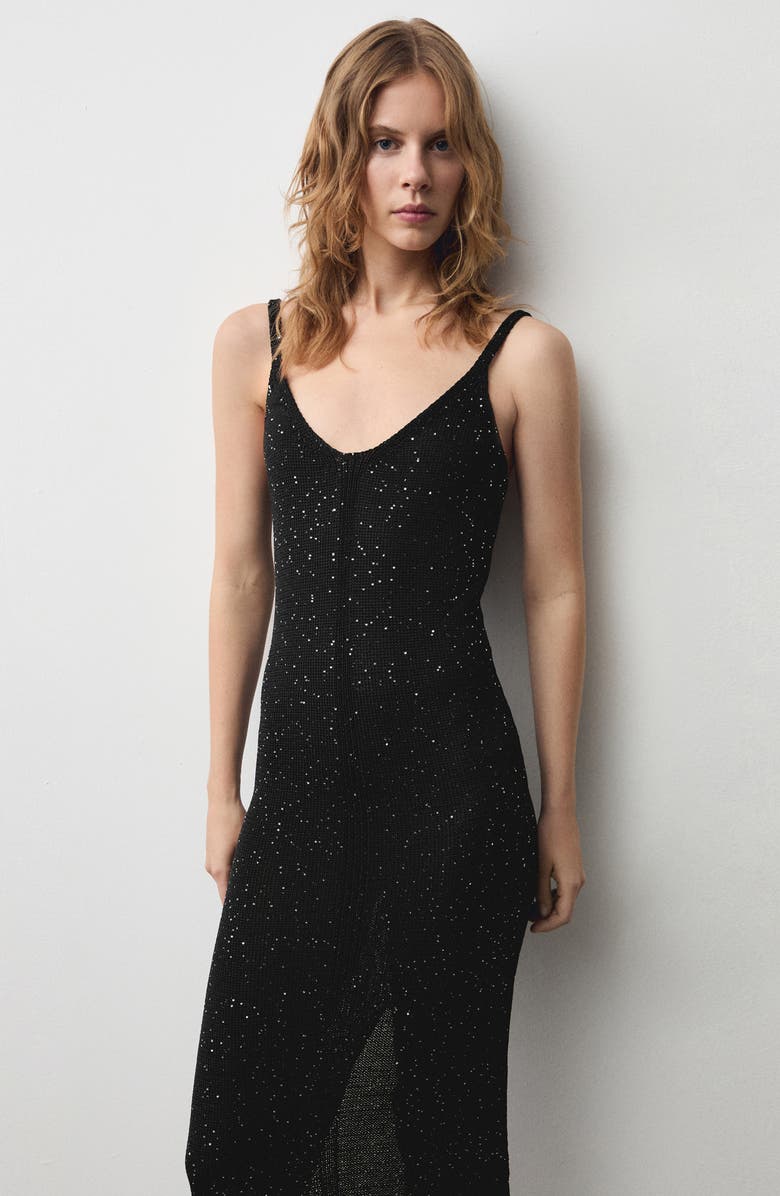 MANGO Sequin Detail Knit Midi Dress, Alternate, color, Black