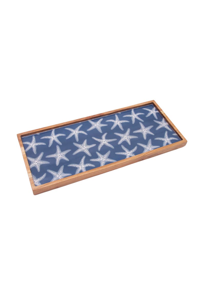 Sea Star Beach Coastal Wood Novelty Rectangle Serving Tray, Alternate, color, Blue