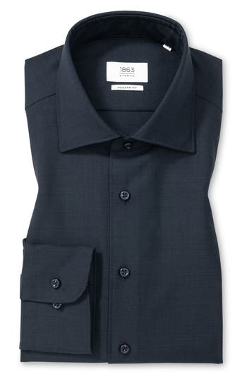 Eterna Modern Fit Merino Wool Button Front Shirt In Blue