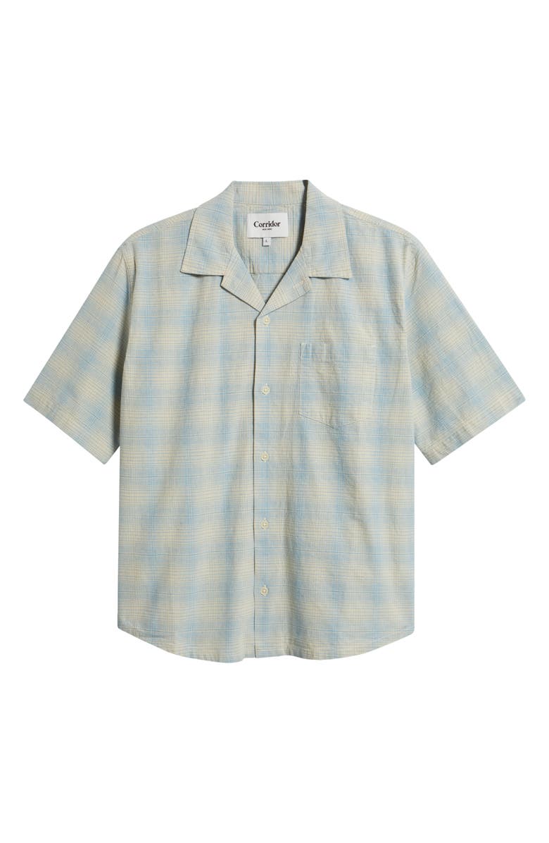 Corridor Plaid Short Sleeve Cotton & Linen Camp Shirt, Main, color, Light Blue