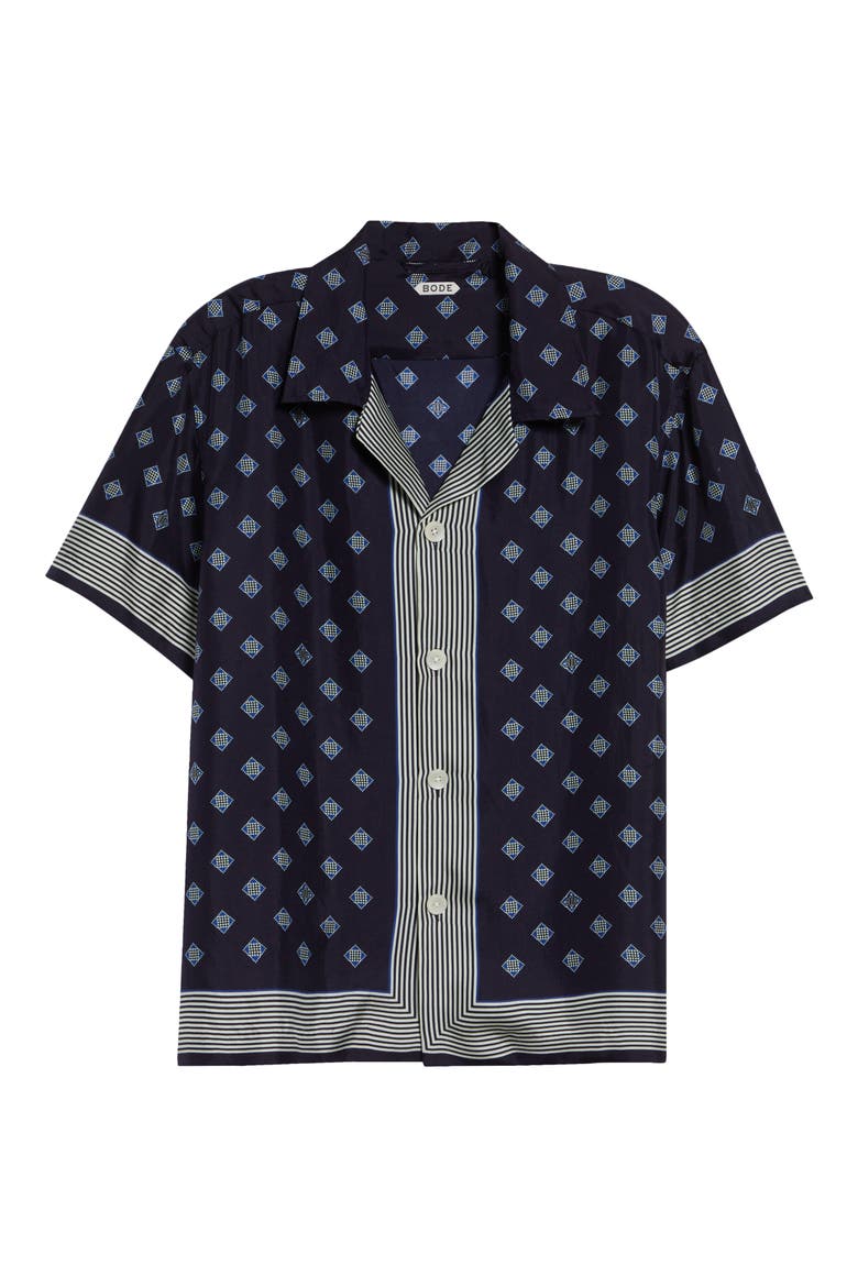 Foyer Diamond Print Short Sleeve Silk Button-Up Shirt, Alternate, color, NAVY BLUE
