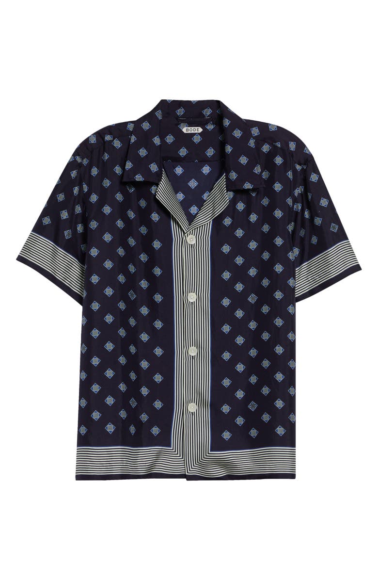 Bode Foyer Diamond Print Short Sleeve Silk Button-Up Shirt, Main, color, Navy Blue