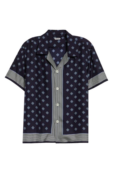 Foyer Diamond Print Short Sleeve Silk Button-Up Shirt