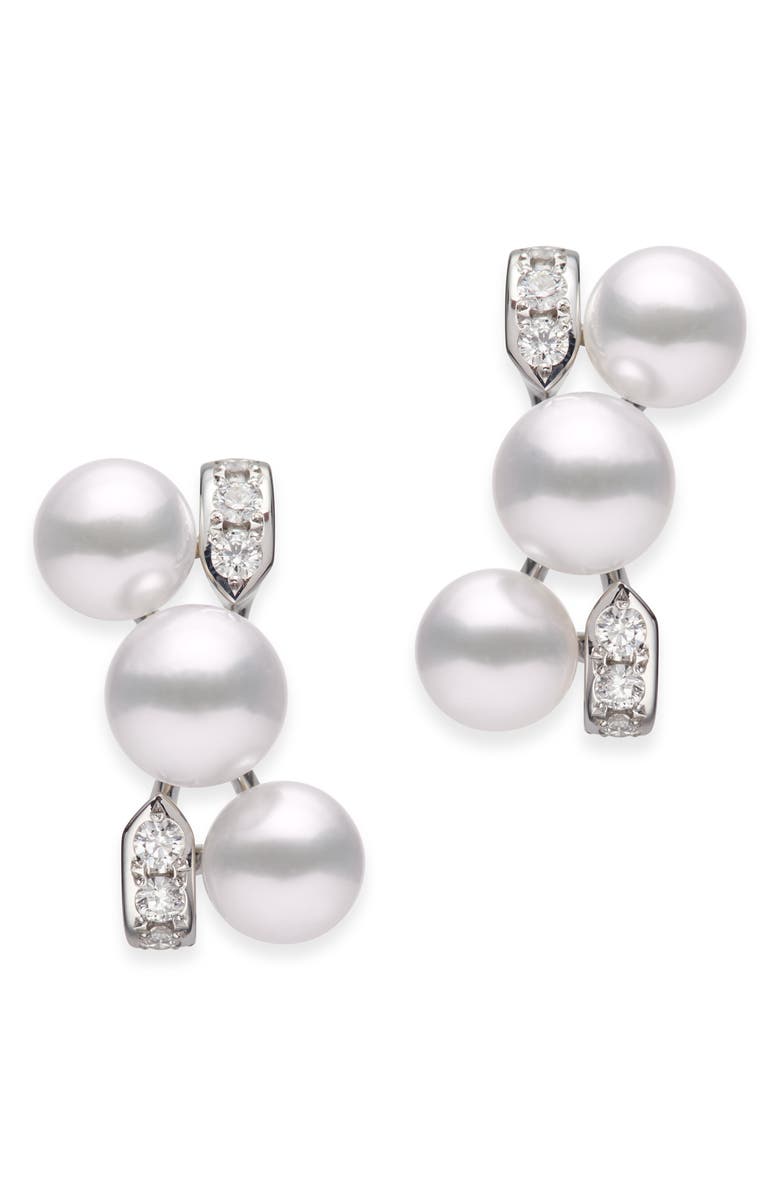 Mikimoto Cluster Cultured Pearl Earrings, Main, color, White Gold/ Diamond