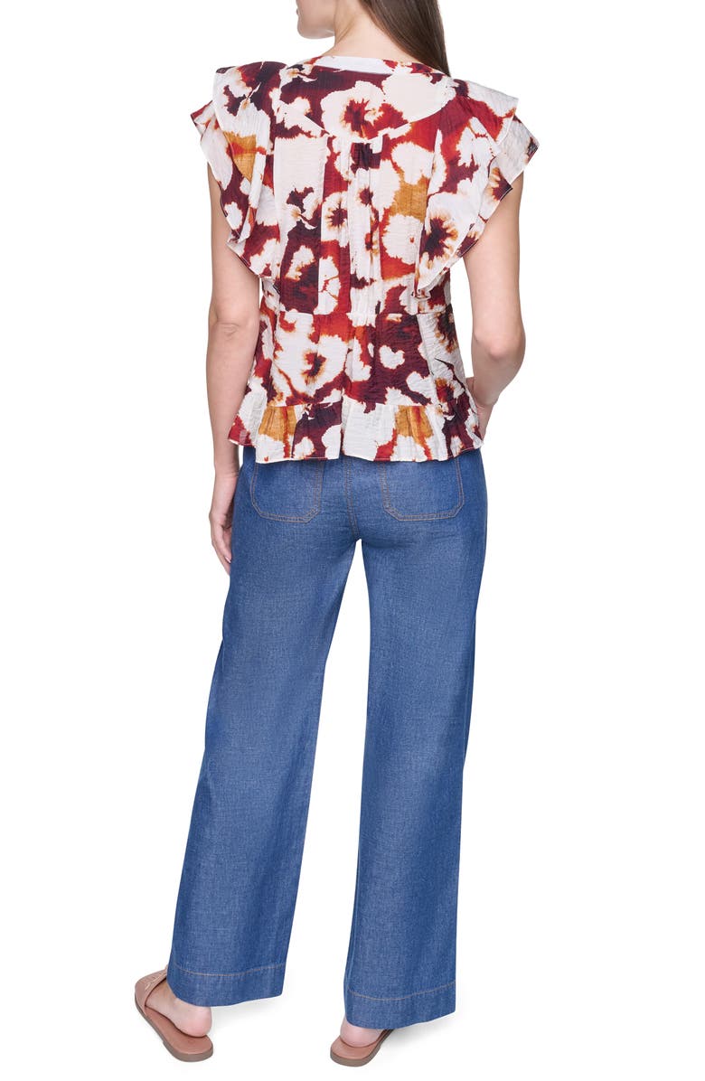 DKNY Flutter Sleeve Floral Print Shirt, Alternate, color, Floral Inkblot