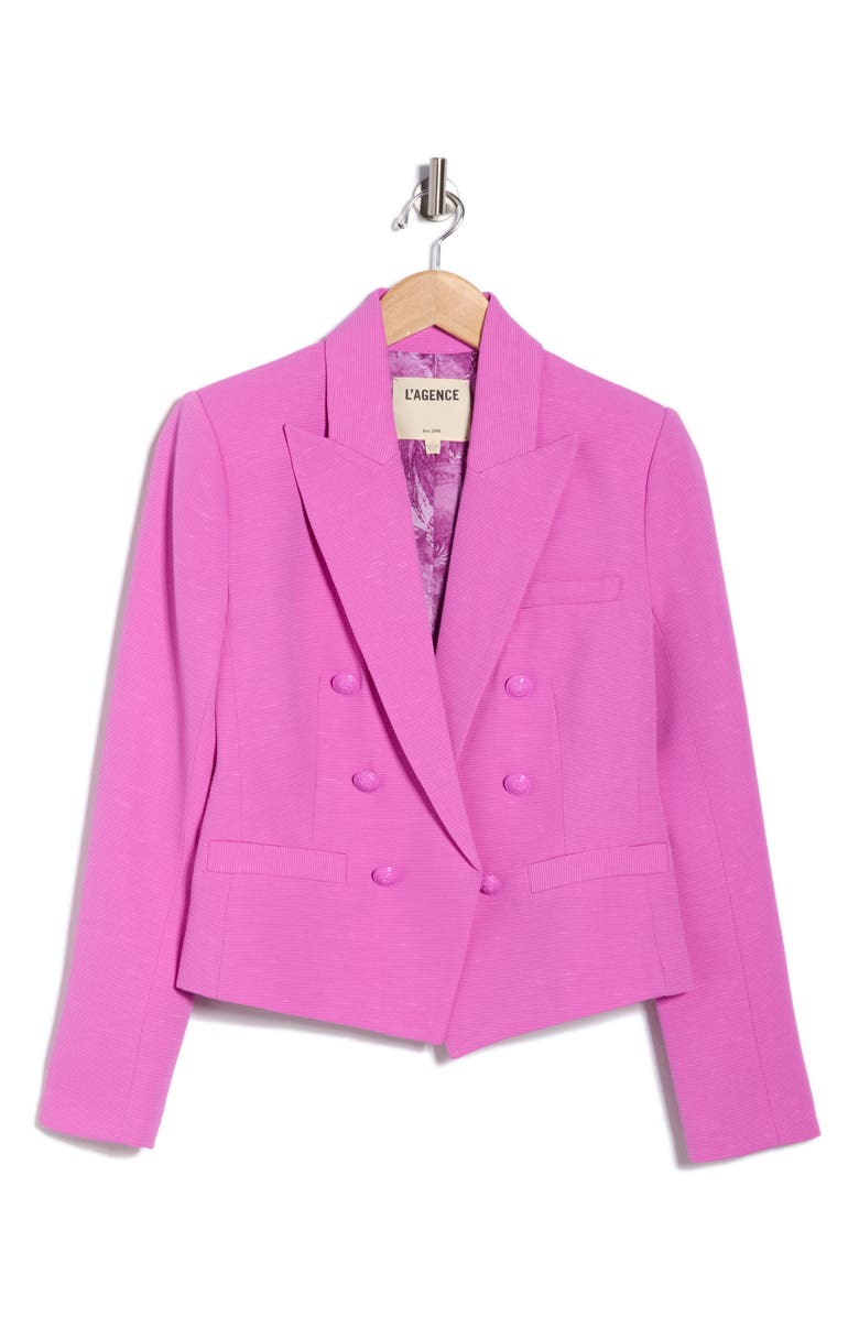 L'AGENCE Brooke Texture Double Breasted Crop Blazer, Alternate, color, Bright Purple/Jungle Toile
