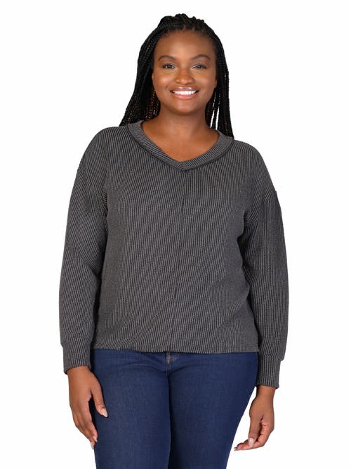 24seven Comfort Apparel Plus Size Fit Ribbed Knit V-neck Top In Black