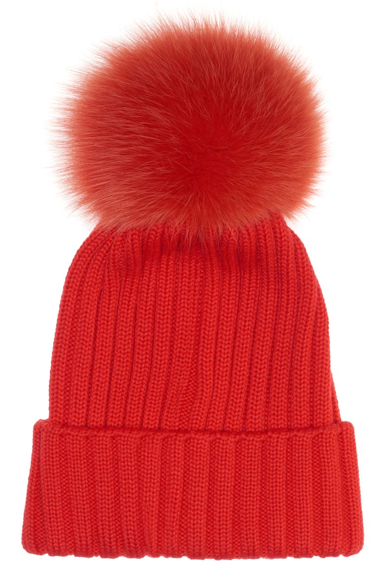 Genuine Fox Fur Pom Rib Wool Beanie, Alternate, color, RED