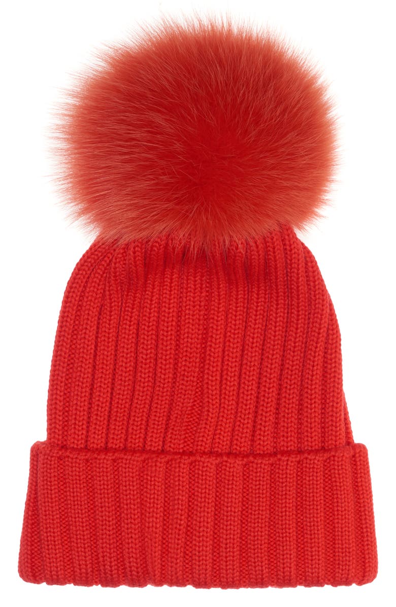 Moncler Genuine Fox Fur Pom Rib Wool Beanie, Alternate, color, 