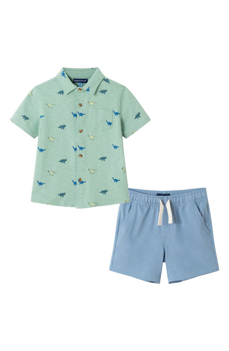Andy & Evan Kids' Dino Print Short Sleeve Knit Button-Up Shirt & Drawstring Shorts Set, Main, color, 