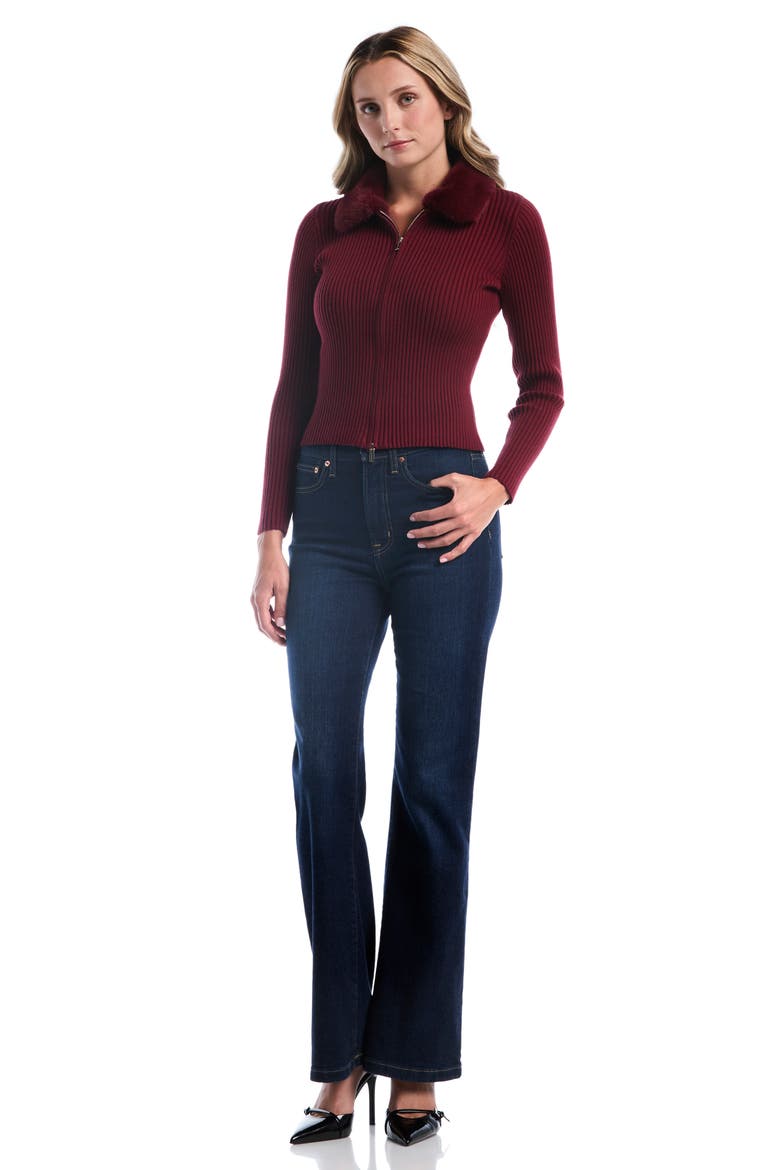 Faux Fur Collar Crop Zip Cardigan, Alternate, color, POMERGRANTE