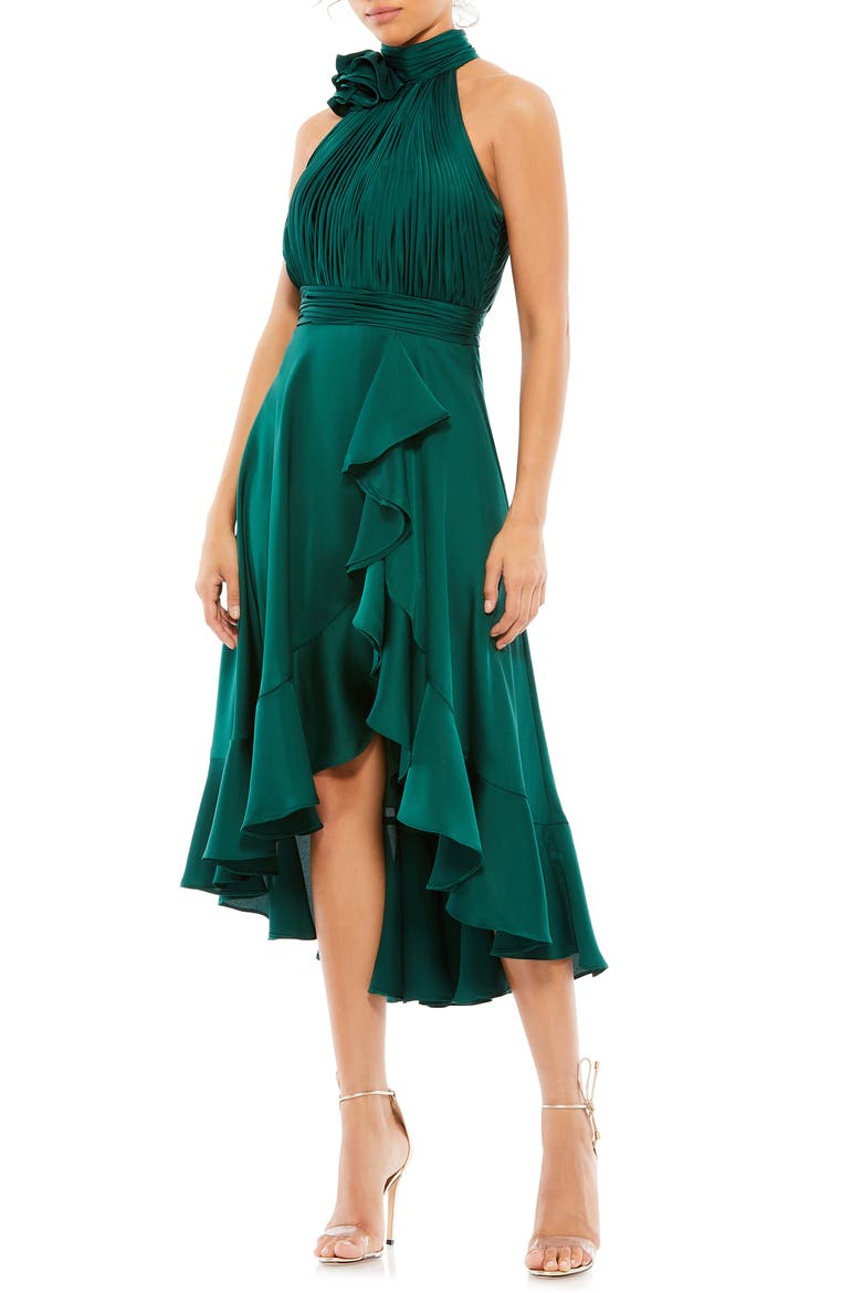 Halter Neck Flower Detail Ruffled Midi Dress, Main, color, EMERALD