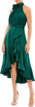 Mac Duggal Halter Neck Flower Detail Ruffled Midi Dress