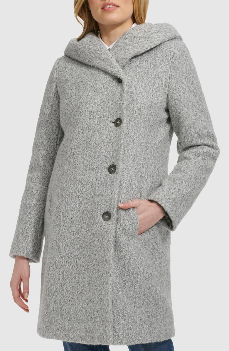 Cole Haan Signature Pressed Bouclé Shawl Hood Coat, Main, color, Lt Grey