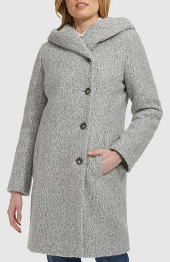 Cole Haan Signature Pressed Bouclé Shawl Hood Coat In Gray