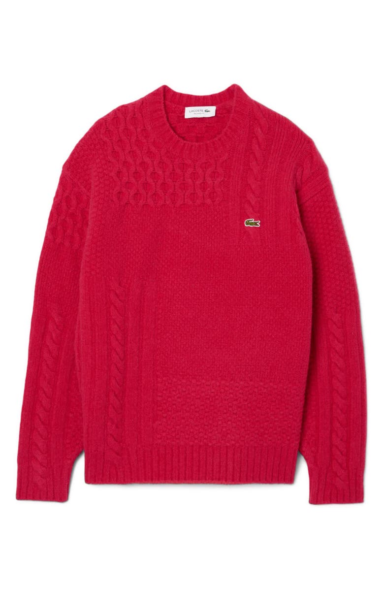 Lacoste Mixed Texture Wool Blend Crewneck Sweater, Alternate, color, Bigarreau Cherry