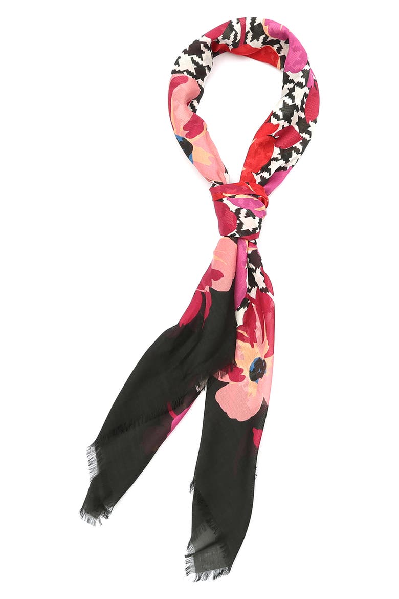 houndstooth poppies modal square scarf, Alternate, color, BLACK/ CREAM